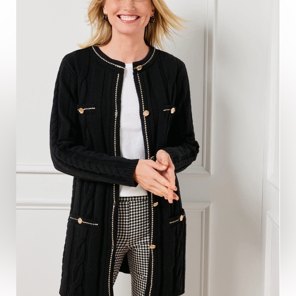 TALBOTS Cotton Blend Preppy Chunky Black Cable Knit Cardigan Gold Buttons SZ S.